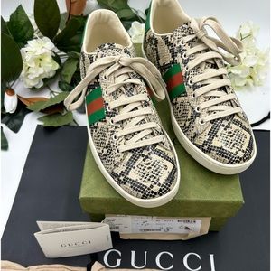 Women’s Gucci beige ace python sneakers, size 40.5 made in Italy.